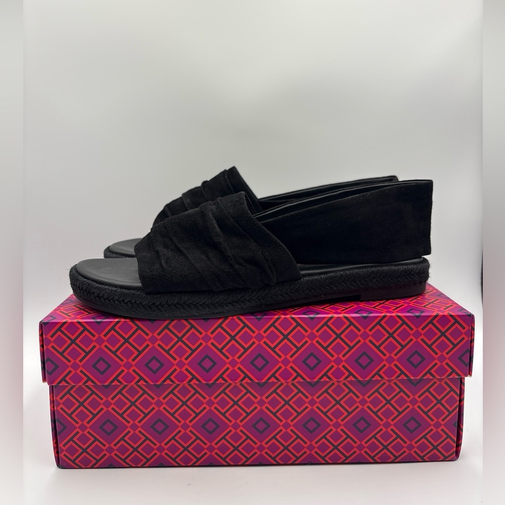 Tory Burch Slingback Espadrilles Sandals Gathered Black Suede Women’s Size 7.5